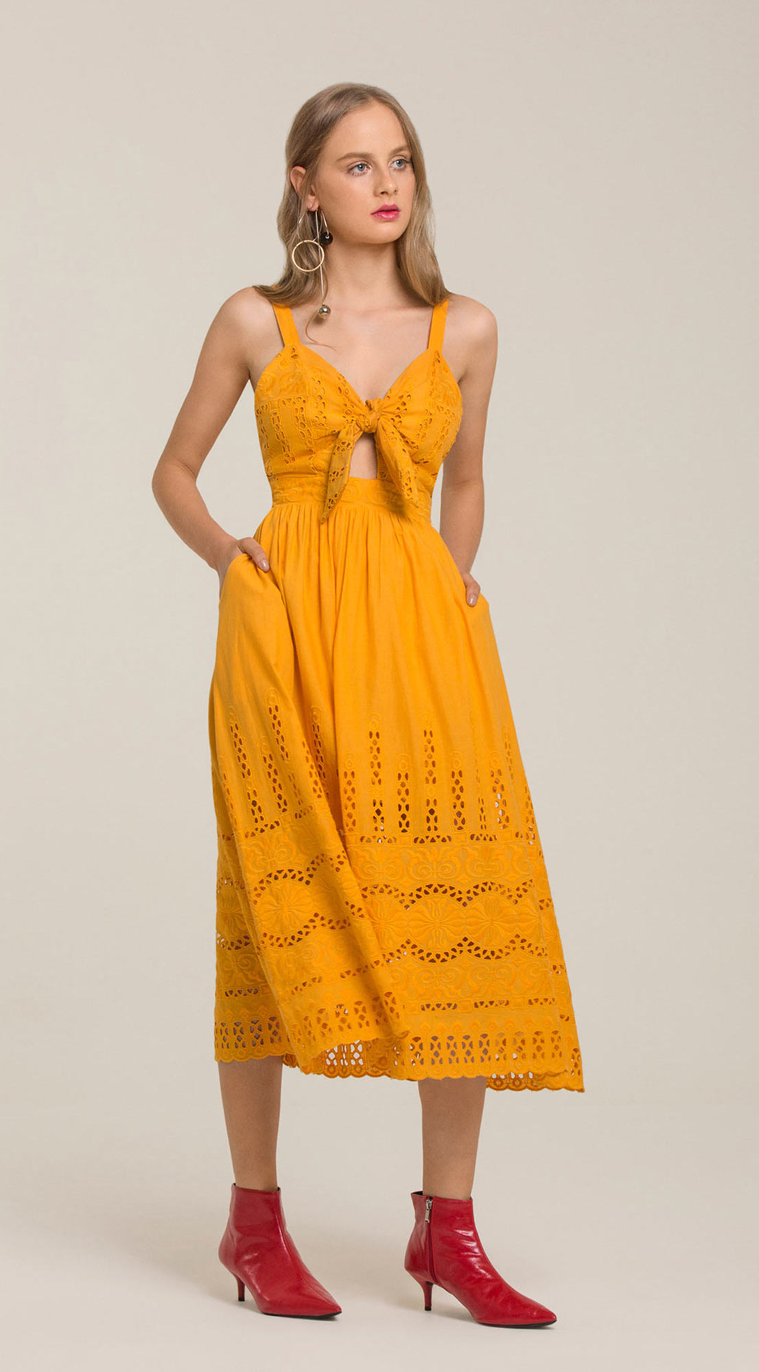 Vestido Midi Decote V Com Amarracao Laranja - leboh